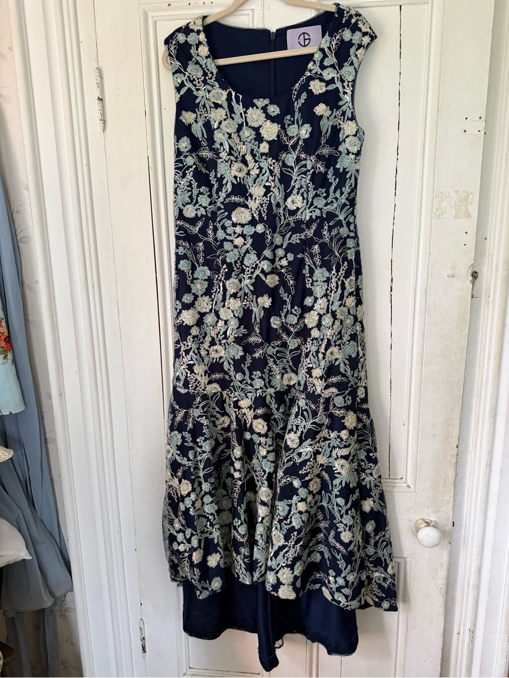 JS Collections Navy Dress with Cream and Light Green Floral Embroidery